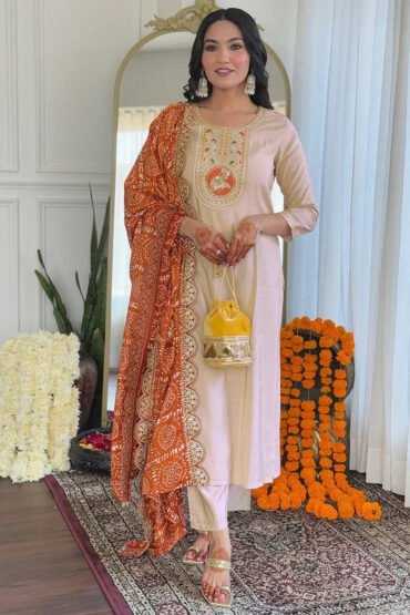 Dazzling Beige Embroidered Viscose Event Wear Pant Suit With Dupatta