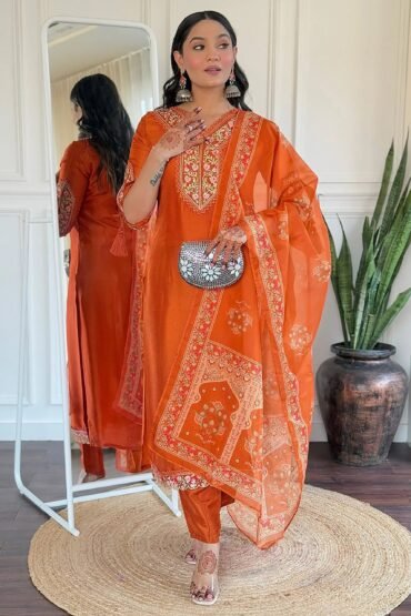 Stunning Orange Embroidered Viscose Traditional Pant Suit With Dupatta