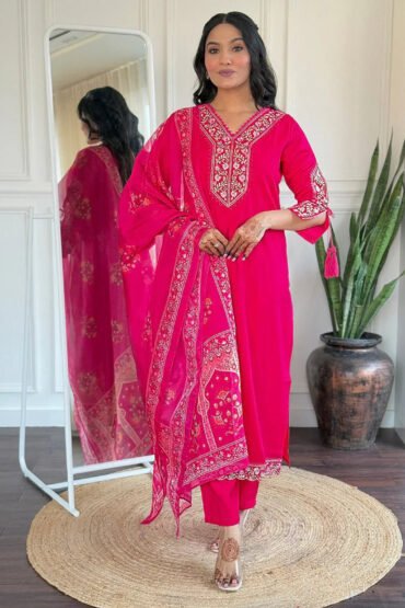Pretty Pink Embroidered Viscose Festival Wear Pant Suit With Dupatta