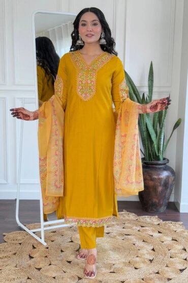 Adorable Yellow Embroidered Viscose Haldi Wear Pant Suit With Dupatta