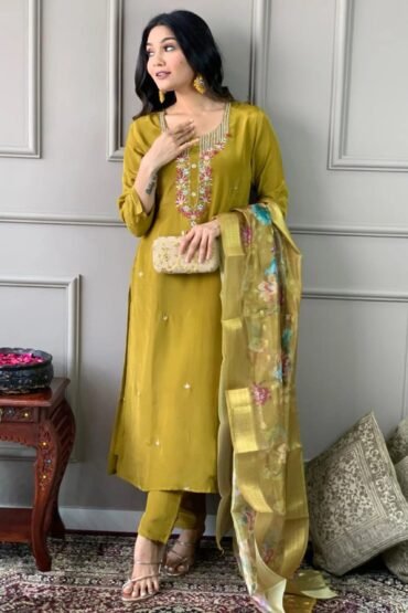 Winning Mustard Color Embroidered Chanderi Silk Event Wear Pant Suit