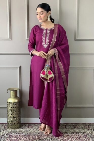 Astonishing Burgundy Embroidered Chanderi Silk Event Wear Pant Suit