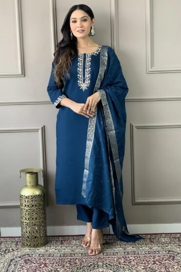Tantalizing Blue Embroidered Chanderi Silk Function Wear Pant Suit