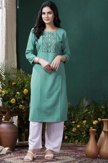 Beautiful Sea Green Hand Work Cotton Casual Wear Kurti With Pant