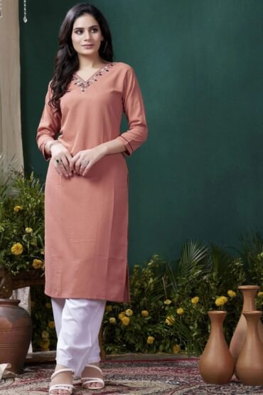 Adorable Peach Hand Work Cotton Office Wear Kurti With Pant