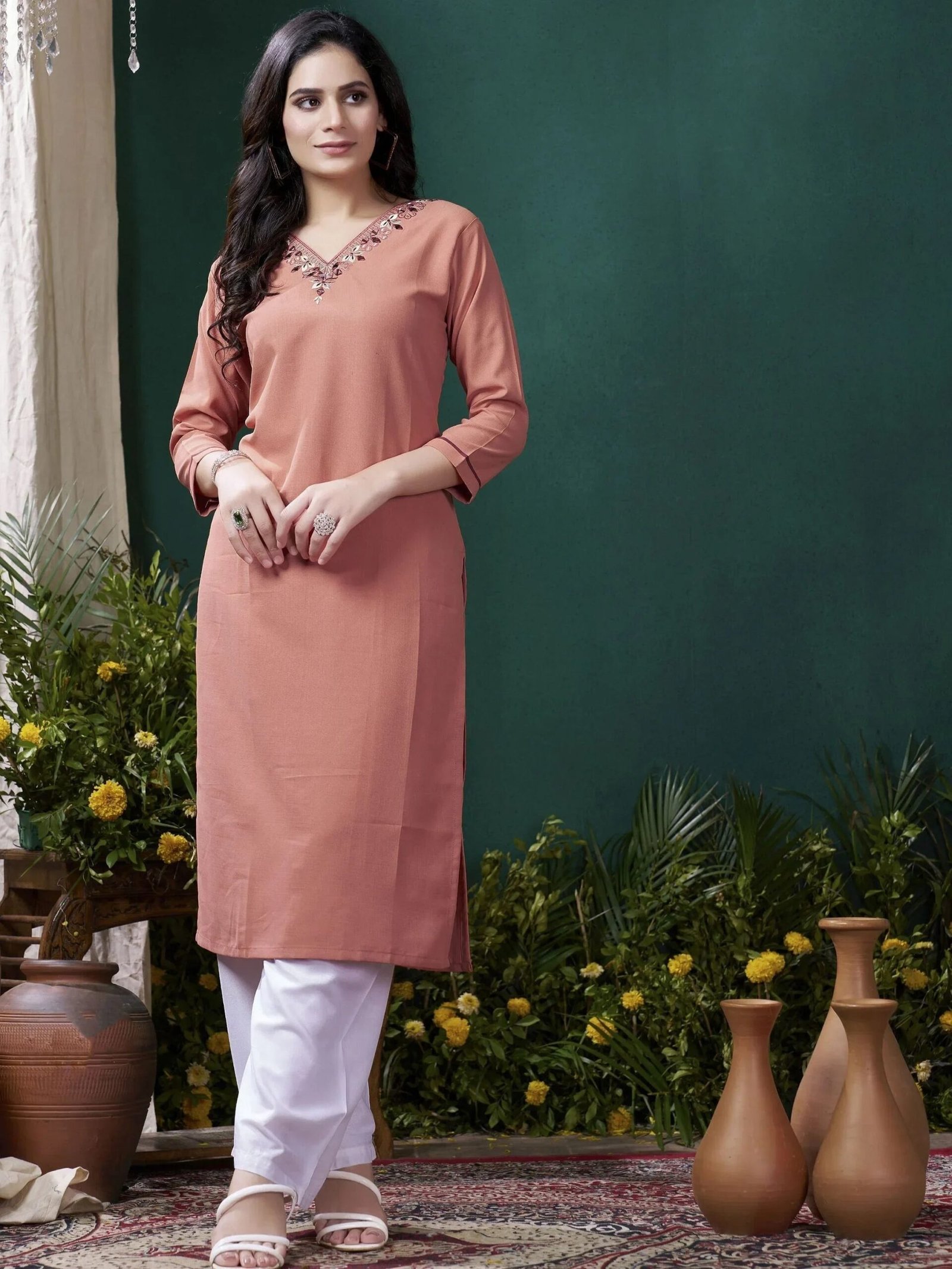 Adorable Peach Hand Work Cotton Office Wear Kurti With Pant