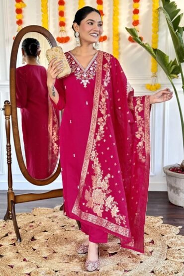 Attractive Rani Pink Embroidered Viscose Event Wear Pant Suit
