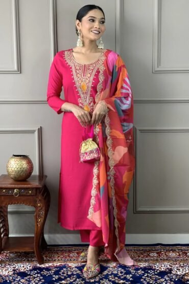 Enchanting Pink Embroidered Viscose Pant Suit With Dupatta