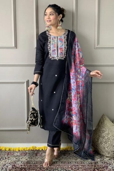 Gorgeous Black Embroidered Rayon Traditional Pant Suit With Dupatta