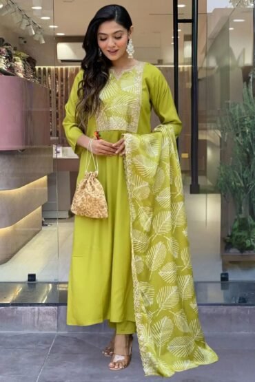 Attractive Lime Green Printed Viscose Festival Wear Pant Suit