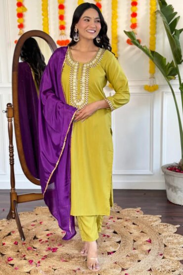 Marvelous Lemon Yellow Embroidered Rayon Pant Suit With Dupatta