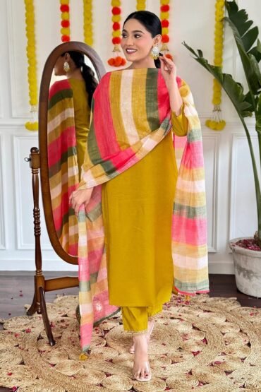 Awesome Mustard Yellow Embroidered Viscose Festival Wear Pant Suit