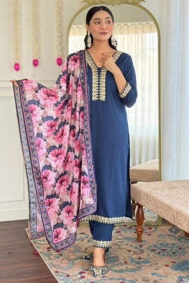 Alluring Navy Blue Embroidered Viscose Festival Wear Pant Suit