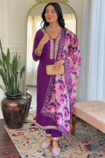 Glamorous Purple Embroidered Viscose Event Wear Pant Suit With Blouse