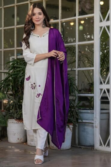 Fascinating Off-White Embroidered Viscose Casual Wear Pant Suit