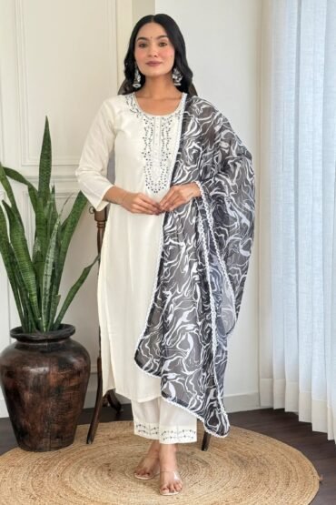 Precious White Thread Embroidered Viscose Traditional Pant Suit