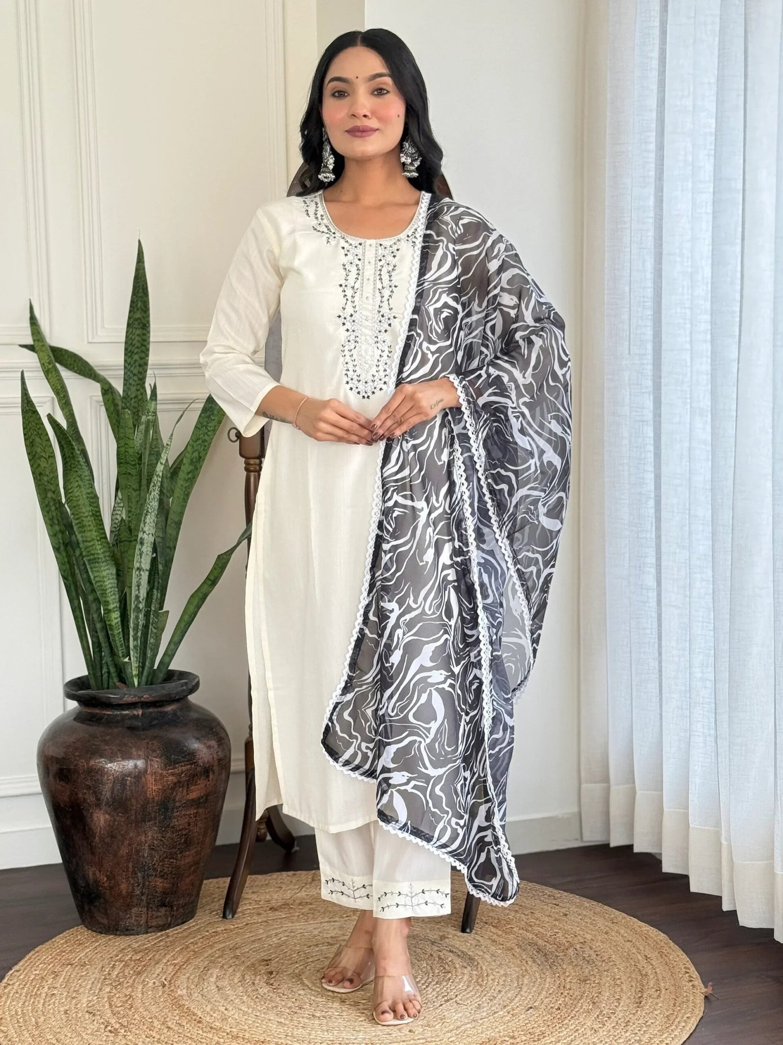 Precious White Thread Embroidered Viscose Traditional Pant Suit