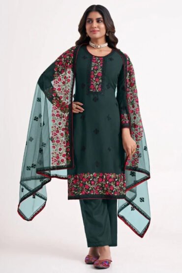 Gorgeous Green Floral Embroidered Georgette Fancy Salwar Suit