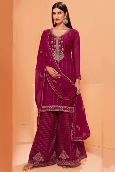 Gorgeous Magenta Sequins Work Georgette Party Wear Sharara Suit