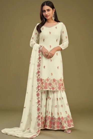 Captivating Lemon Yellow Embroidered Georgette Wedding Sharara Suit