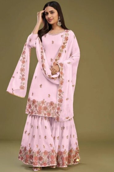 Attractive Pink Embroidered Georgette Traditional Sharara Suits