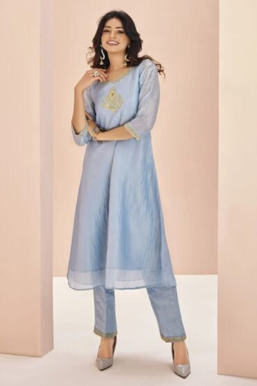 Charming Dusty Blue Embroidered Organza Festival Wear Pant Suit