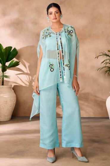 Stunning Aqua Blue Hand Work Organza Designer Co-Ord Set