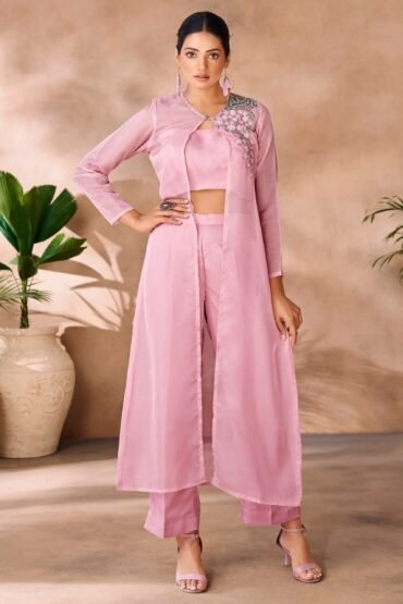 Enchanting Baby Pink Hand Work Organza Party Wear Co-Ord Set