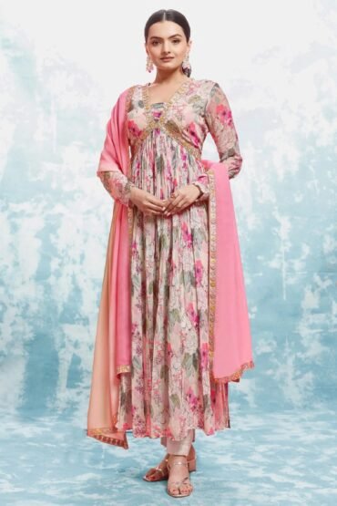 Alluring Light Pink Floral Printed Georgette Event Wear Salwar Suit