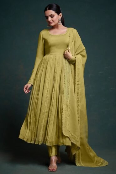 Attractive Olive Green Organza Festival Wear Salwar Suit With Dupatta