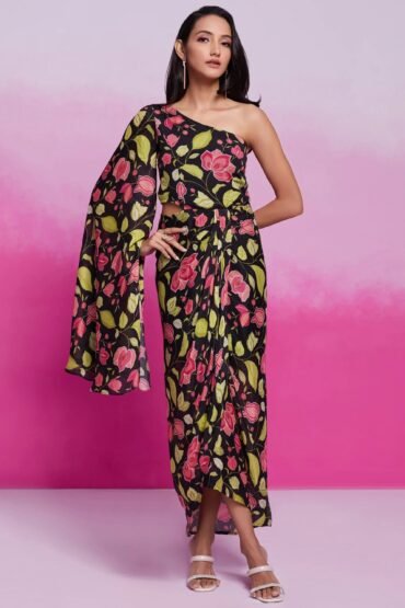 Wonderful Black Floral Printed Chinon Silk Western Dress