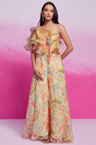 Lovely Cream Digital Printed Organza Party Wear Crop Top Palazzo