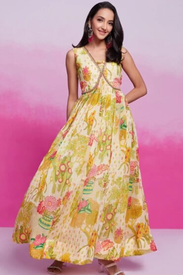 Stunning Cream Digital Printed Organza Festival Wear Dress