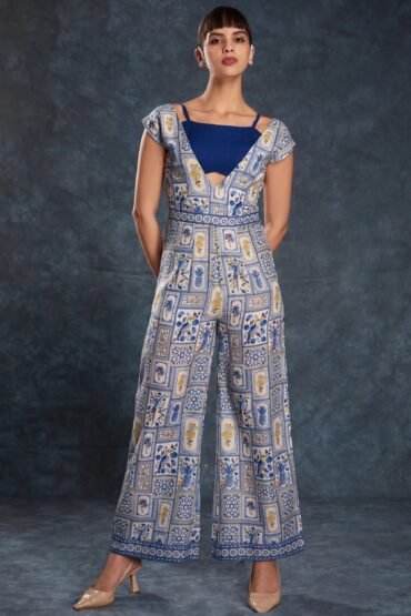 Gorgeous Navy Blue Digital Printed Linen Party Wear Jumpsuit