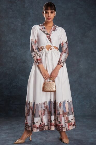 Fantastical White Printed Linen Western Wear Long Dress