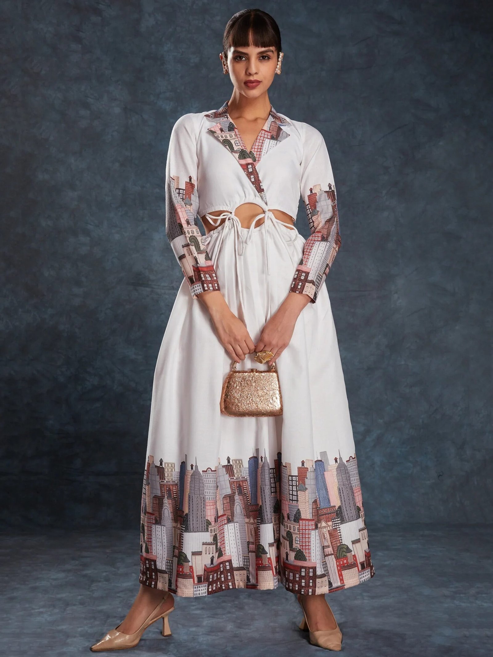 Fantastical White Printed Linen Western Wear Long Dress
