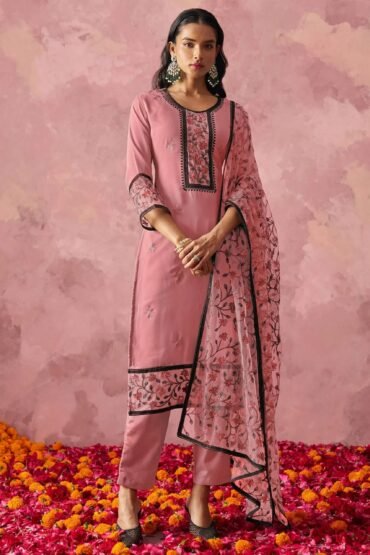 Attractive Pink Thread Embroidery Party Wear Pant Suit