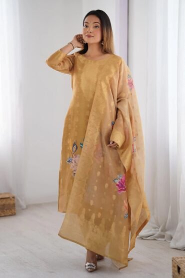 Awesome Mustard Gold Chanderi Jacquard Work Festival Wear Straight Suit