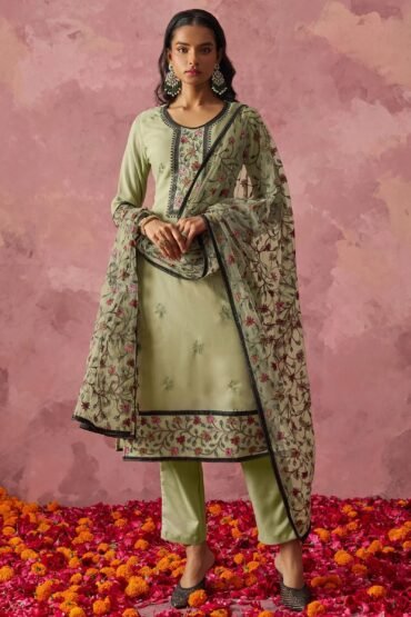 Beautiful Pastel Green Georgette Thread Embroidered Straight Suit
