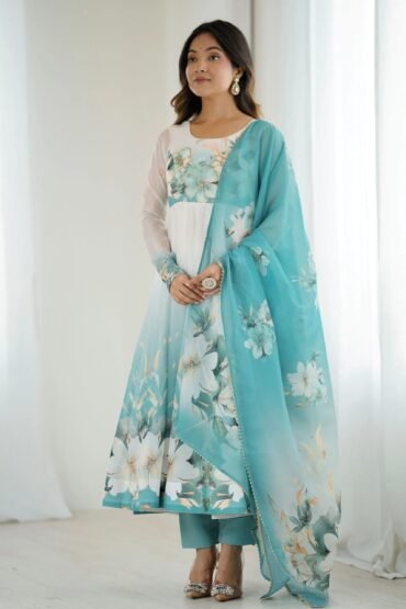 Amazing Blue Organza Floral Printed Anarkali Suit With Dupatta