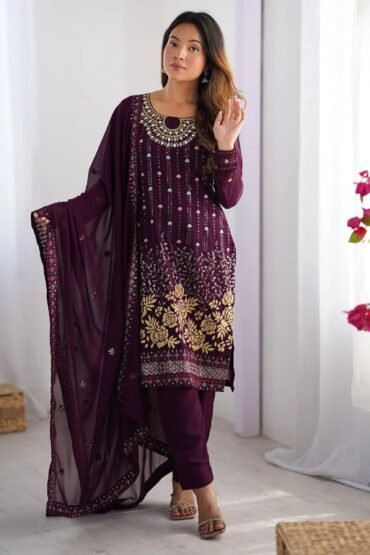 Dramatic Wine Georgette Sequins Event Wear Straight Suit