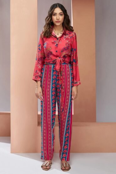 Glamorous Coral Pink Digital Printed Silk Office Wear Co-Ord Set