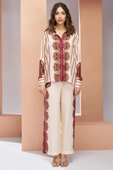 Charming Cream Digital Printed Muslin Silk Casual Wear Co-Ord Set