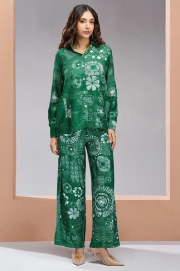 Magnetic Dark Green Digital Printed Muslin Silk Casual Wear Co-Ord Set