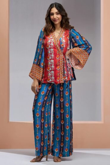 Beautiful Navy Blue Digital Printed Muslin Silk Party Wear Co-Ord Set