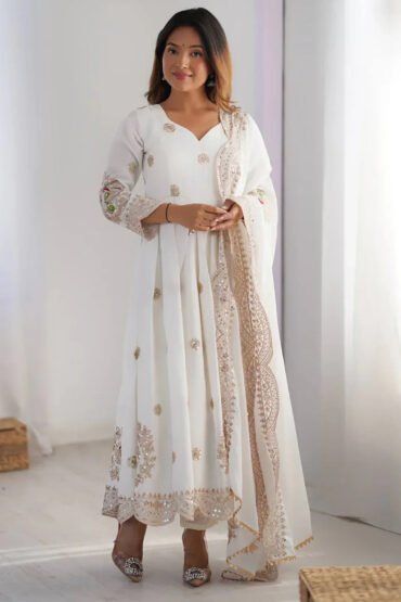 Fascinating Off-White Sequins Chinon Traditional Anarkali Suit
