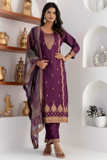 Fabulous Purple Zari Weaving Jacquard Traditional Pant Suit With Dupatta