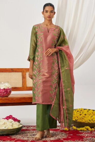 Glamorous Green Organza Mirror Work Festive Wear Pant Suit