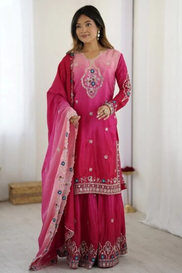 Beautiful Pink Chinon Sequins Embroidered Ombre Sharara Suit