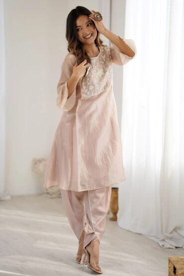 Sweet Peach Organza Embroidered Festive Kurti With Dhoti Pants